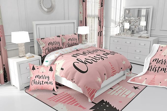 Feelyou Merry Christmas Bedding Set Christmas Tree Duvet Cover for Kids Boys Girls Stars Print Comforter Cover Pink Christmas Bedspread Cover with 2 Pillowcases 3Pcs Bedding Full,No Comforter
