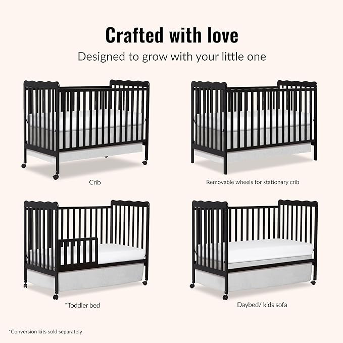 Dream On Me Carson Classic 3-in-1 Convertible Full-Size Baby Crib in Black, GreenGuard Gold & JPMA, 4 Mattress Heights, Converts to Day & Toddler Bed, Locking Wheels, Classic Nursery Design