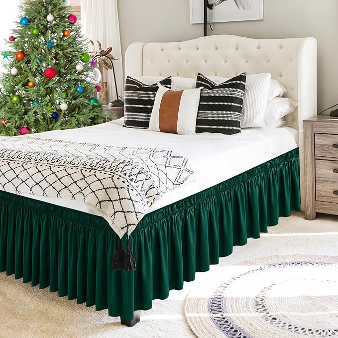 Biscaynebay Wrap Around Bed Skirts for Queen Beds 15" Drop, Christmas Hunter Green Adjustable Elastic Dust Ruffles Easy Fit Wrinkle & Fade Resistant Silky Luxurious Fabric Machine Washable