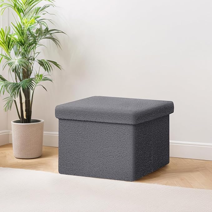 PINPLUS Storage Ottoman Cube Sherpa Ottoman Foot Rest,Small Foldable Portable Boucle Ottomans, Faux Teddy Fur, Grey 16.5"x12.6"x12.6"