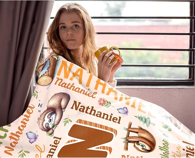 Personalized Custom Sloth Blanket Gifts for Kids Boys Girls with Name - Customized Sloth Super Soft Lightweight Flannel Sheets Decor for Crib Nap Couch - 60"x80" for Adult