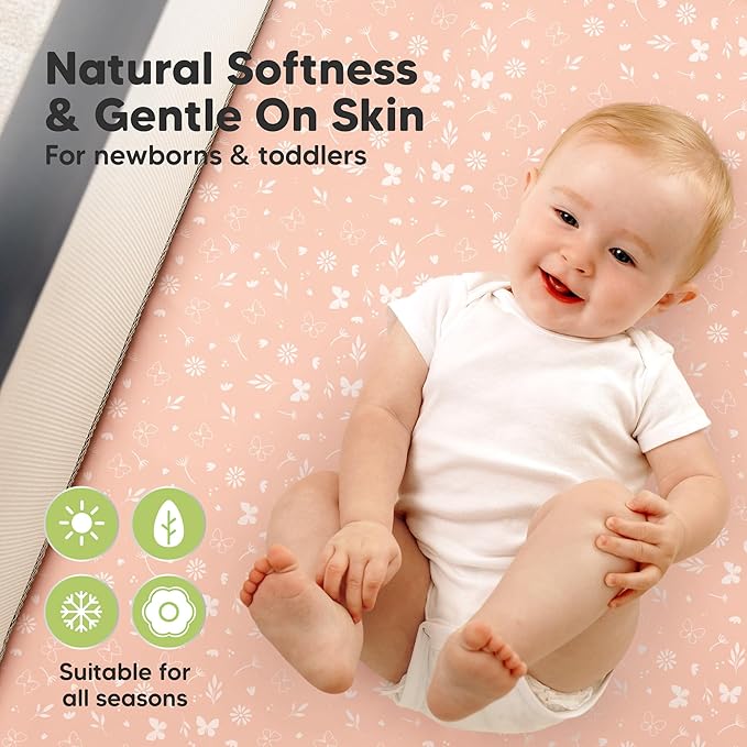 2-Pack Pack and Play Sheets, Waterproof Mini Crib Sheets Fitted - Organic Cotton Pack N Play Sheets for Graco Pack and Play Mattress,Playard Baby Crib Sheets,Neutral for Boy,Girl,Toddler (Butterflies)