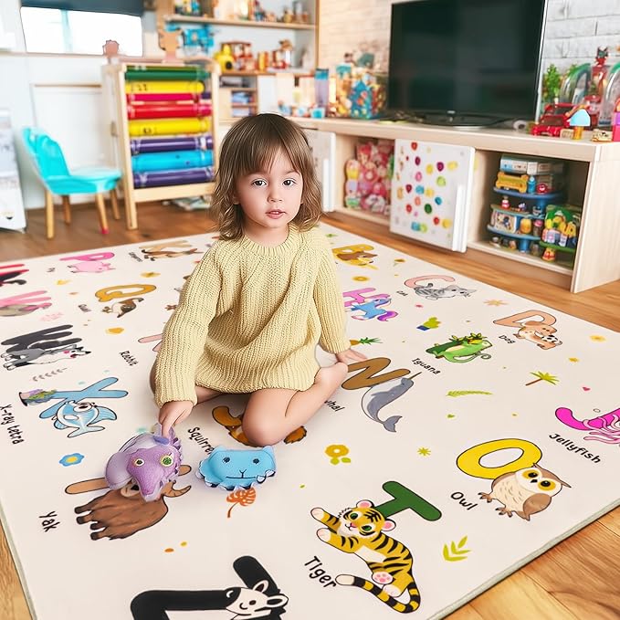 Kids Rugs for Playroom, 7x9 Feet Educational Rug for Learn The ABC Alphabet, Soft Machine Washable Non-Slip Cute Cartoon Animals Carpet for Classroom Toddler Nursery Kids Room Decor, Beige