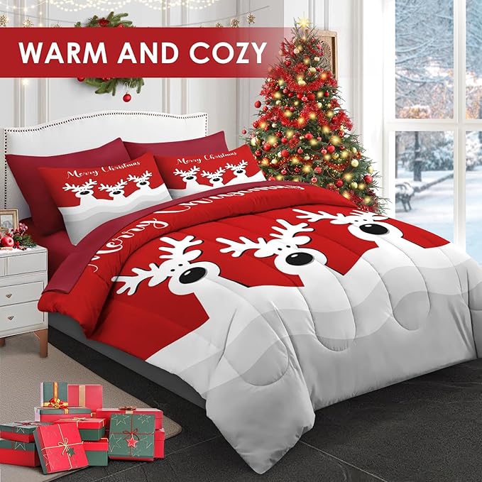 7 Pcs Queen Size Christmas Comforter Set with 2 Pillowcases & 2 Shams, Cute Cartoon Reindeer Bedding for Kids and Adults, Winter Merry Xmas Bed in a Bag with Flat Fitted Sheet