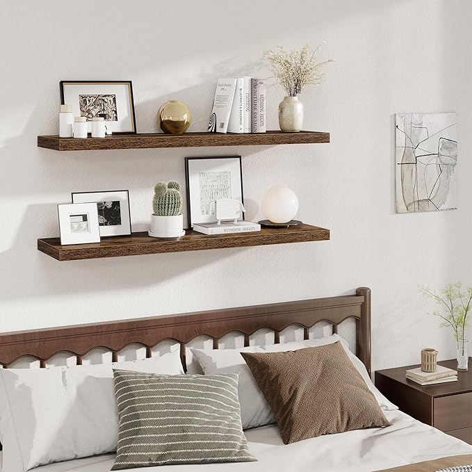 Fun Memories 12 Deep Floating Shelves for Wall, 48W x 12D Extra Large Floating Shelves Set of 2, Hanging Wood Wall Shelves for Living Room, Kitchen, Bedroom, Farmhouse, Laundry Room, Office - Brown