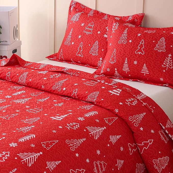 JSD 2 Pcs Kids Christmas Quilt Set Twin Size, Red Christmas Tree Bedding, Soft Microfiber Bedspread Coverlet Holiday Quilted Blanket