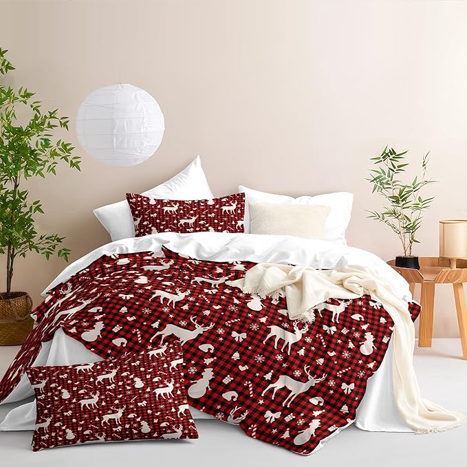 Christmas Duvet Cover Full Size Red Gingham Christmas Bedding Set 3 Pcs Kids Boys Girls Xmas Black Plaid Bow Pattern Comforter Cover with Zipper Closure (No Comforter)