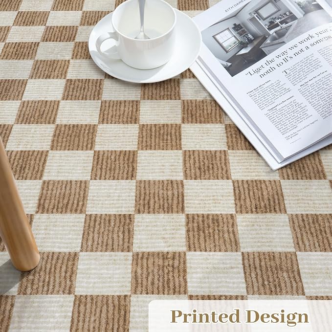 LIVEBOX Machine Washable Area Rug 6x9 Checkered, Non Slip Soft Large Bedroom Living Room Rug Farmhouse Neutral Classic Geometric Boys Rug, Indoor Carpet for Den Dorm Playroom(Brown,6'x9')