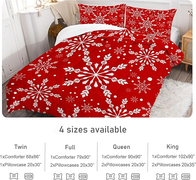 Christmas Comforter Set Queen: Christmas Snowflakes Red Bedding Sets for Teen Girls Women Bedroom Xmas Festival Quilt Winter Snow Duvet Bed Set 1 Comforter & 2 Pillowcases