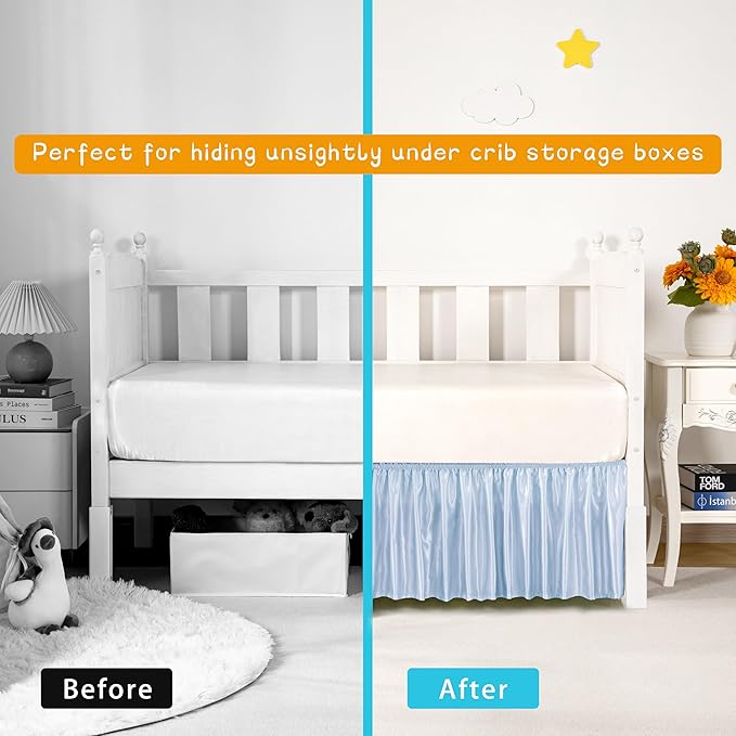Baby Blue Satin Crib Bed Skirt, 52" x 28" with 14" Drop Silky Soft Baby Crib Skirt for Baby Girls or Boys, Fit for Standard Crib & Toddler Bedding