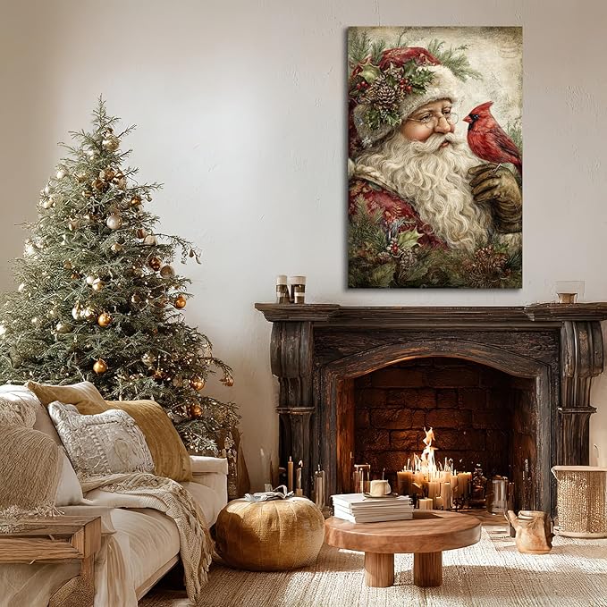 YONICA Christmas Canvas Wall Art Santa with Cardinal 24x32 Inch Vintage Style with Red Bird - Large Framed Gallery Wrapped Wildlife Art
