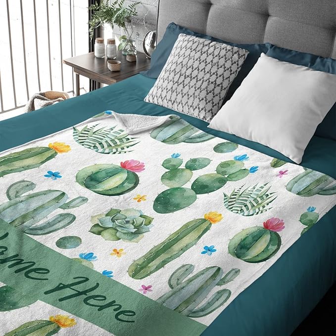 Custom Flannel Blanket with Text Cactus Flower Succulent Customized Blankets Warm Unique Personalized Throw Souvenirs Gift of Love 40"×30" XSmall for Pets