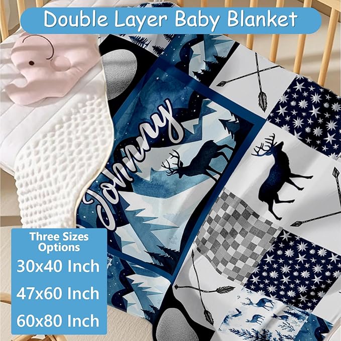 Personalized Baby Crib Bedding Set, 5 Pcs Custom Name Nursery Bedding Set for Boys Girls, Blue Deer Crib Set, Toddlers Crib Bedding, Double Layer, Ideal Gift for Newborn Infant New Parents