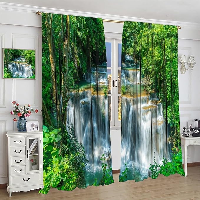 Scenic Nature Blackout Curtains, Natural Falls Landscape Forest Tree Waterfall Scenery Window Drapes, for Bedroom Living Room 72" W X 63" L