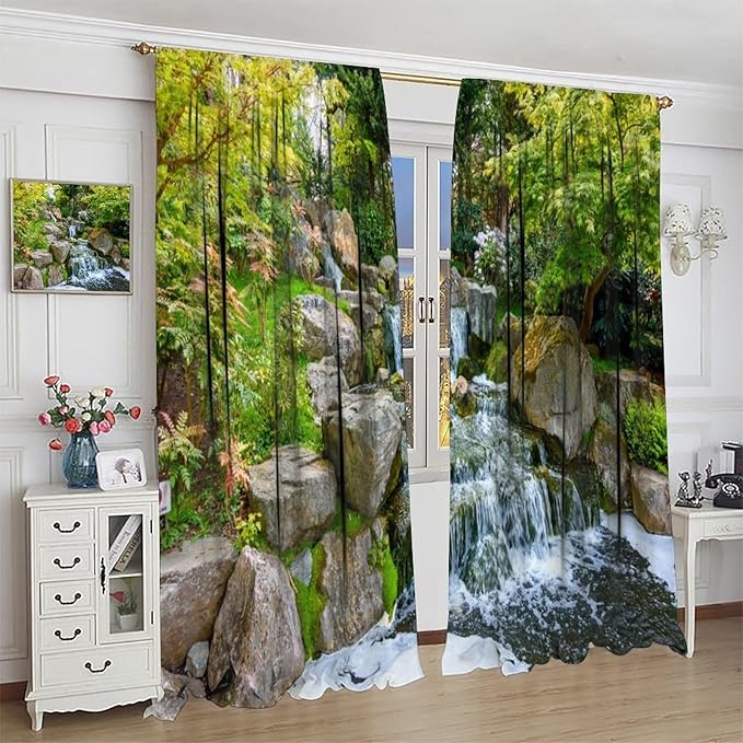 Forest Waterfall Blackout Curtains, Natural Landscape Forest Trees Waterfall Scenery PrintWindow Drapes, for Living Room Bedroom 42" W X 54" L