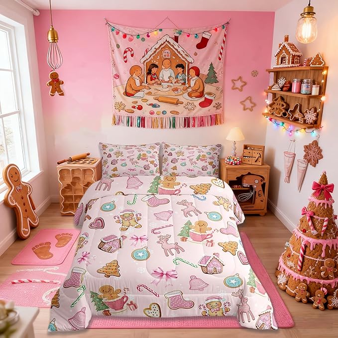 Merry Christmas Kids Comforter Set Twin Size,Gingerbread Man Elk Deer Bowknot Bedding Set Room Decor,Cute Girly Bow Tie Xmas Tree Quilt Comforter,Pink Colorful Duvet Set Bedroom Quilt Set,1 Pillowcase