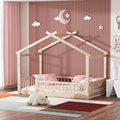 LLS Twin House Bed with Fence, Wooden Montessori Bed with Slats Support, Floor Bed Frame for Boys Girls Bedroom, Natural