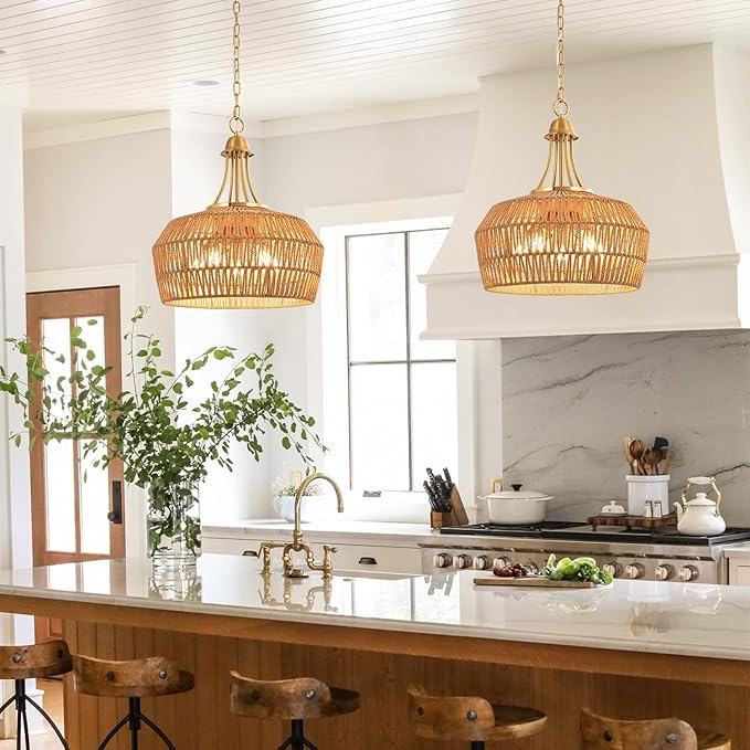 18.5'' Rattan Chandeliers for Dining Room, 5-Light Boho Pendant Light, Hand Woven Lampshade for Kitchen Island, Bedroom, Living Room, Height Adjustable