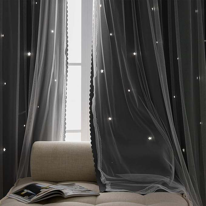 XiDi Star Curtains for Bedroom,Curtains for Girls Bedroom Decor,Kids Curtains 2 Panel Set,Blackout Curtains for Living Room Curtains 63 inches Long 2 Panel Grey