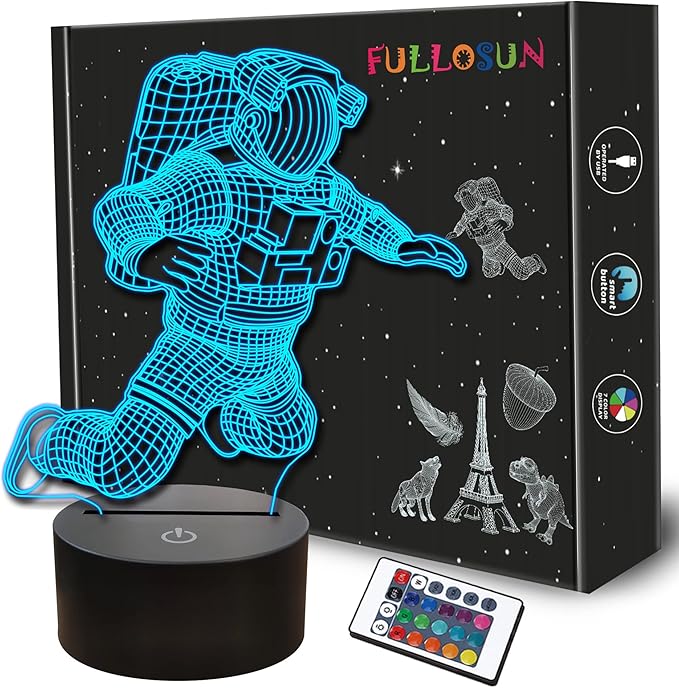 FULLOSUN Spaceman 3D Night Light, Astronaut Rocket Optical Illusion Lamp Birthday Gift Idea for Outer Space Fan Xmas, Living Room Decor Night Light with 7 Colors Changing