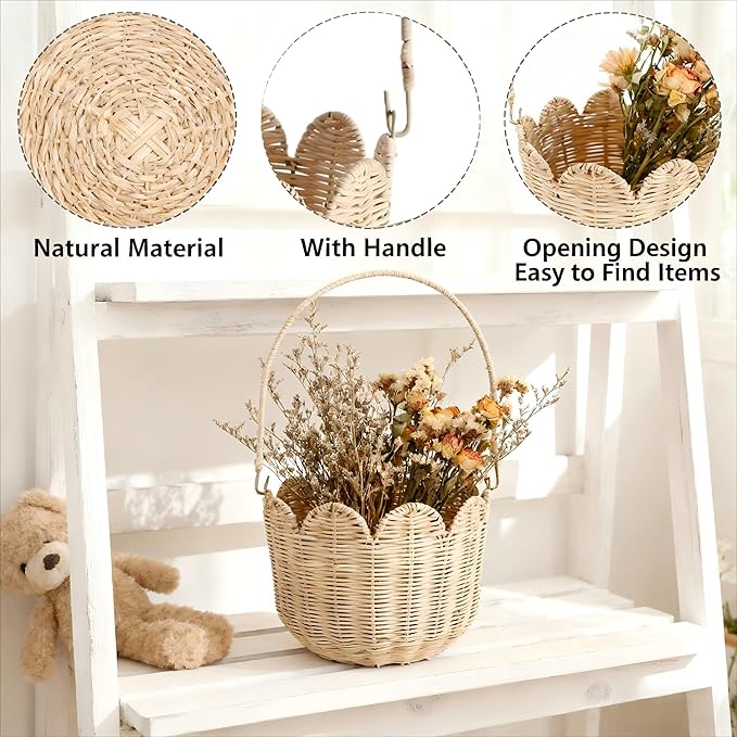 Scalloped Edge Round Basket with Handle, Super Sturdy Wicker Storage Baskets, Hand Woven Basket for Shelves,Natural Baskets for Organizing (White Rattan, 10.2"*10.2"*7.3")