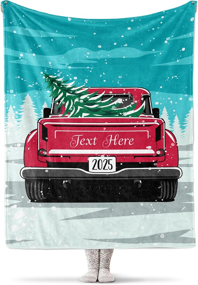 Personalized Christmas Blanket, Vintage Red Truck and Tree - Ships Next Day, Printed in USA - Warm Fleece or Sherpa Sofa Throw, Cute Holiday Décor - Customizable Family Throws (Fleece 30x40)
