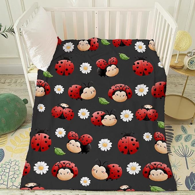 Thuswarm Cute Watercolor Ladybugs Grey Flannel Throw Blanket Warm Cozy Soft Funny Print Blankets for Bed Couch Sofa Room Decoration Gifts 40”×30” XSmall for Pets