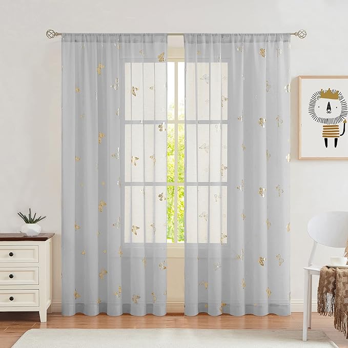Jubilantex Grey Sheer Curtain with Gold Butterfly Pattern for Kids Room, Linen Textured Rustic Metallic Print 95 Inch Rod Pocket Window Drapes for Girls Bedroom Living Room, 2 Panels