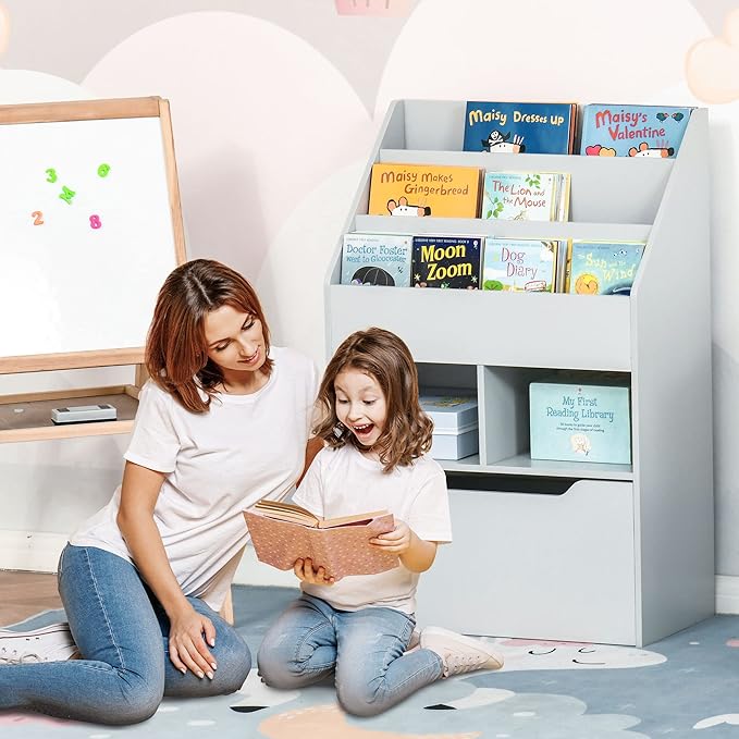 HOMCOM Kids Bookcase Multi-Shelf Rack Organizer with Storage Drawer for Books, Playroom, Gray