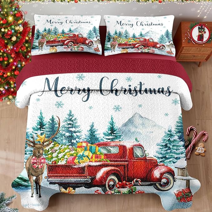 Christmas King Size Quilt Set, Red Vintage Truck Elk Lightweight Bedspread Coverlet with Pillow Shams for Kids and Adults, Winter Forest 3 Pcs Bedding Bed Cover