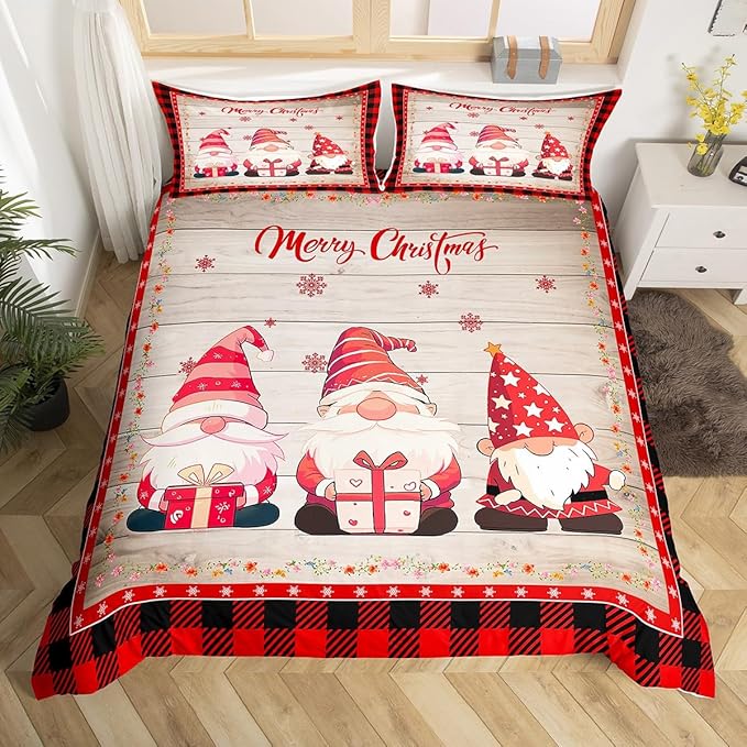 Xmas Gnomes Duvet Cover Set Queen Size, Rustic Wooden Red Plaid Christmas Comforter Cover with 2 Pillowcases, New Year Theme Bedding Set 3pcs for Kids Boy Lightweight Bedspread Cover,No Comforter