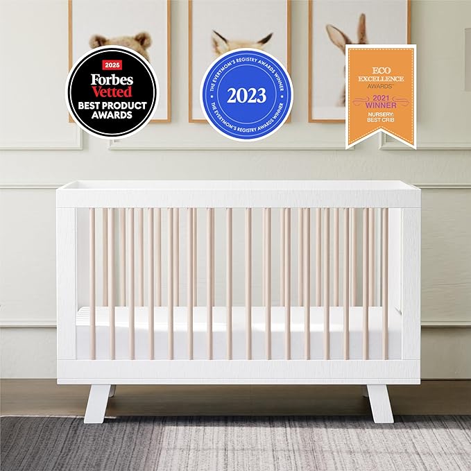 Babyletto Hudson 3-in-1 Convertible Baby Crib with Wooden Toddler Bed & Daybed Conversion - Easy to Assemble & GREENGUARD Gold Certified - 4 Adjustable Mattress Heights - White & Washed Natural