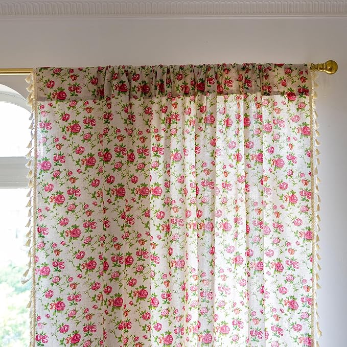 ENJOYBRIDAL Floral 84 Inch Curtains for Living Room Bedroom Drapes Farmhouse Vintage Semi Sheer Floor Length Window Curtains 2 Panel Sets Boho Cute Rustic Dining Room Rod Pocket Window Treatments