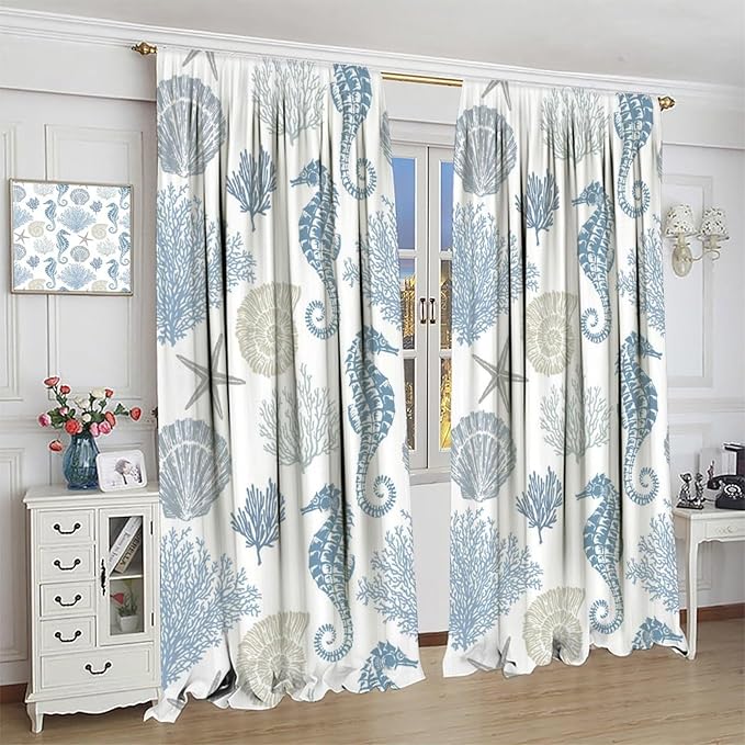 Seahorse Coral Curtains,Starfish Seashell Beach Sea Starfish Seashell Theme Pattern Blackout Print Home Bedroom Living Room Window Treatmen 2 Panel Set 63x63 Inch