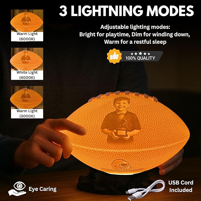 Personalized American Football Lamp with Custom Photo & Text – Sports Night Light for Kids & Adults | Boys Room Decor | Gamer Desk Light | Football Gift for Players, Fans & Coaches
