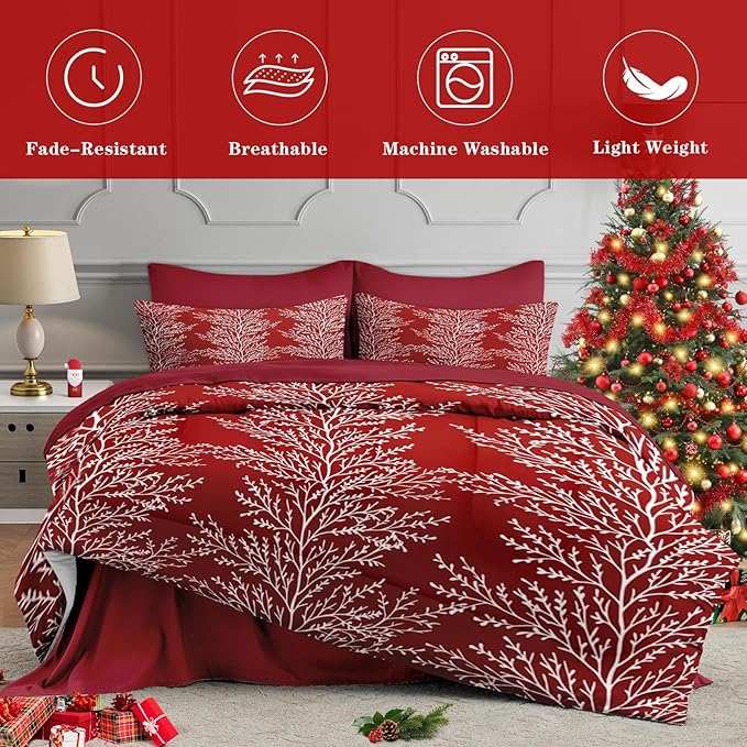7 Pcs King Size Christmas Comforter Set with 2 Pillowcases & 2 Shams, Red Botanical Bedding for Kids and Adults, Winter Tree Branch Bed in a Bag with Flat Fitted Sheet