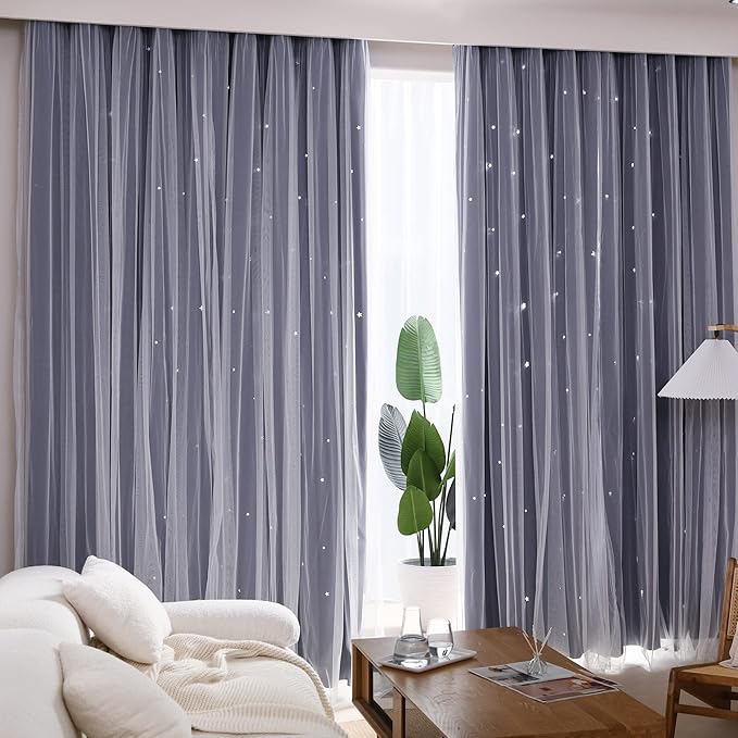 Kinryb Kids Star Cutout Curtains for Bedroom/Living Room/Classroom,2 Free Tiebacks Sheer Overlay 2 Panel Set, Double Layer Curtains for Kids Room(Each Piece W70xL72 Inches 2 Pcs Navy Blue)