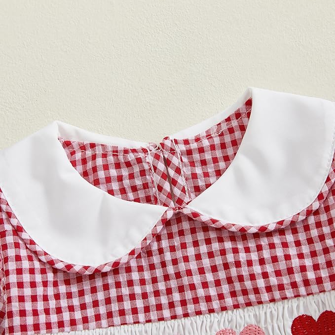 Amiblvowa Baby Girl Valentines Day Outfit Embroidery Love Heart Smocked Bubble Romper Bodysuit Cute Infant Newborn Clothes