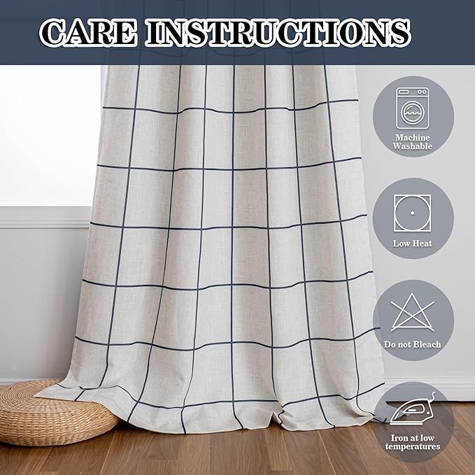 MYSKY HOME 100% Blackout Plaid Linen Curtains 72 Inches Length Double Layer Farmhouse Thermal Insulated Striped Print Drapes with Rod Pocket Back Tab for Bedroom Living Room, 2 Pcs, 52"Wide, Navy Blue