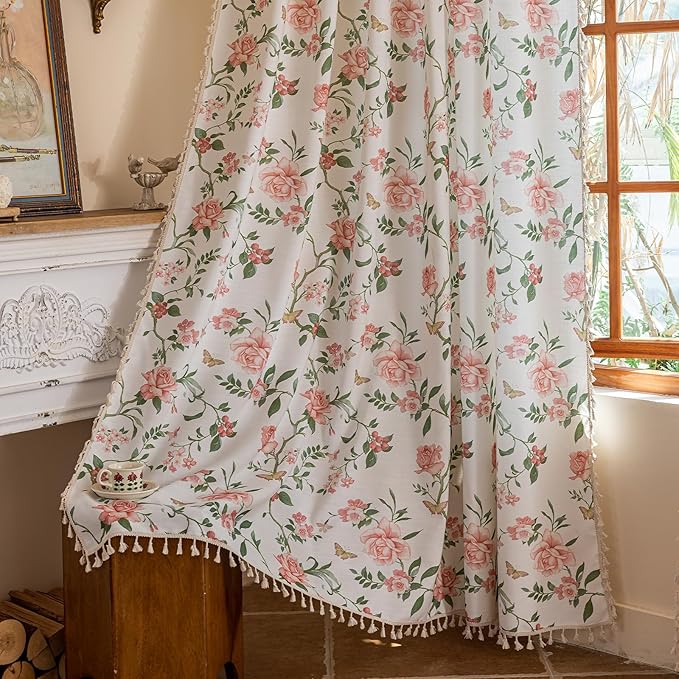 ENJOYBRIDAL Pink Floral 84 Inch Curtains for Bedroom Living Room Drapes Semi Sheer Boho Rod Pocket Farmhouse Window Curtains 2 Panel Sets Floor Length Light Filtering Vintage Cute Window Treatments