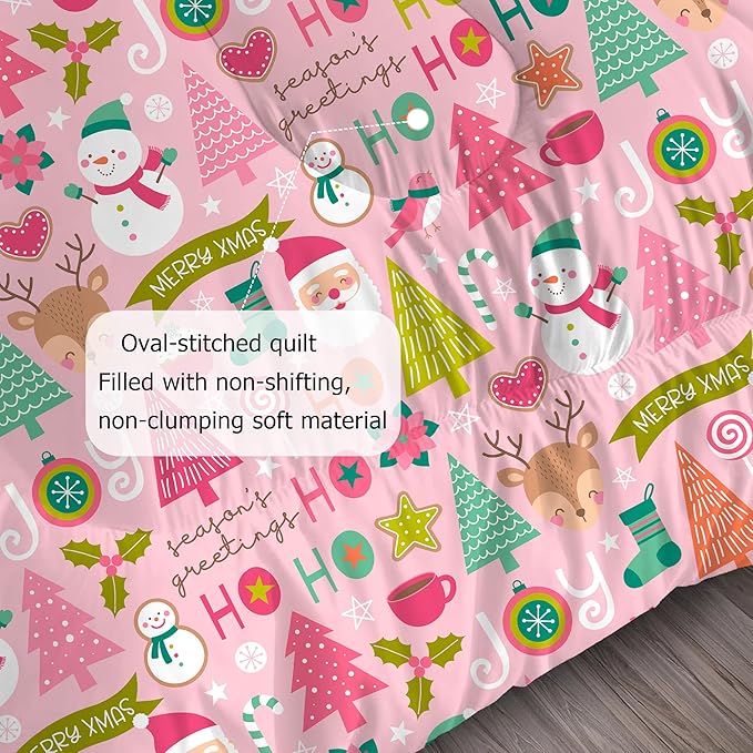 Pink Christmas Comforter Set: Full Size Cartoon Xmas Snowman Bedding Sets Cute Santa Claus Christmas Tree Elk 3 Piece Quilt Bed Set 1 Comforter & 2 Pillowcases