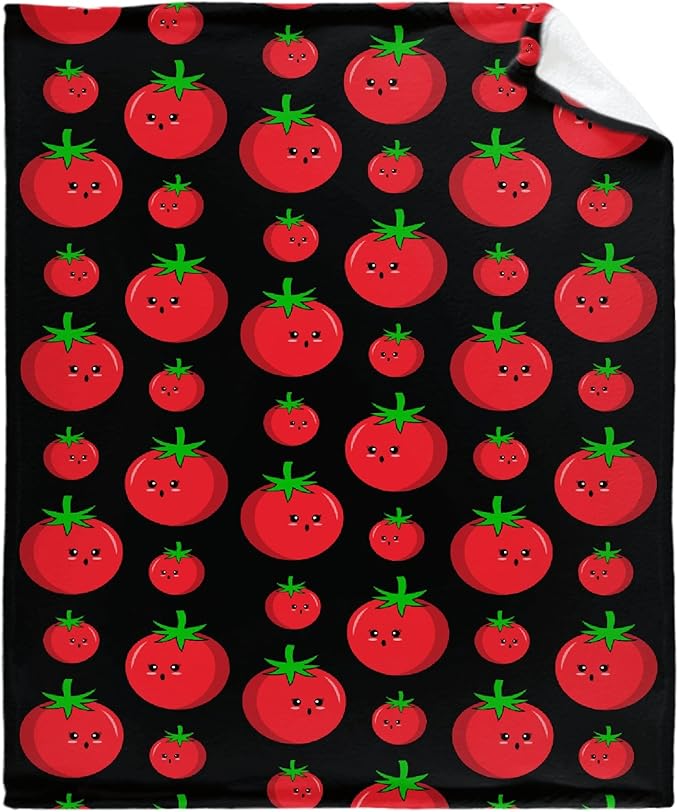 Thuswarm Cute Tomato Kawaii Black Flannel Throw Blanket Warm Cozy Soft Funny Print Blankets for Bed Couch Sofa Room Decoration Gifts 120”×90” Extra Large for Family