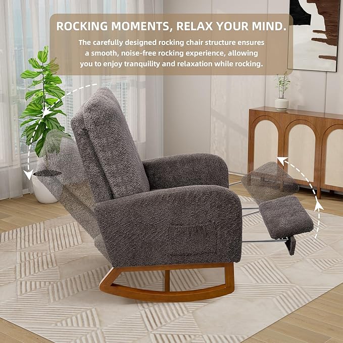 Dolonm Rocking Chair Nursery,Glider Rocking Chair with Footrest High Backrest Glider Rocker for Baby Room Boucle Accent Chair for Living Room Mid Century Modern Arm Chair for Bedroom,Charcoal