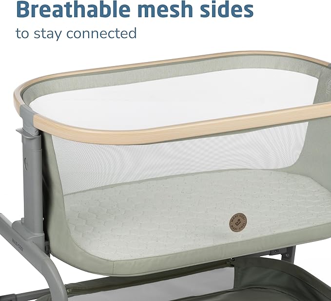 Maxi-Cosi Iora Baby Bassinets Bedside Sleeper, Portable Bassinet, Infant Bedside Sleeper Crib, Height Adjustable, Breathable Mesh, Large Storage Basket, Classic Green