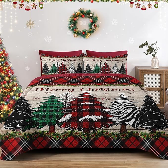 Christmas King Size Quilt Set, Black Red Plaid Lightweight Bedspread Coverlet with Pillow Shams for Kids and Adults, Retro Colorful Pine Tree 3 Pcs Bedding Bed Cover