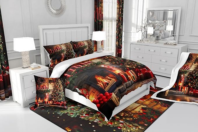 Merry Christmas Comforter Set - Twin Size, 3D Christmas Fireplace & Tree Bedding Set for Kids' Rooms, Xmas Theme Quilt Set (2Pcs), Retro Wooden Stripes Duvet Insert, 1 Pillowcase