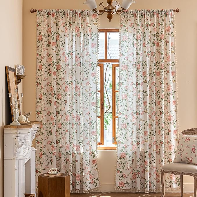 ENJOYBRIDAL Pink Floral 96 Inch Curtains for Bedroom Living Room Drapes Semi Sheer Boho Rod Pocket Long Window Curtains 2 Panel Sets Farmhouse Light Filtering Vintage Cute Window Treatments