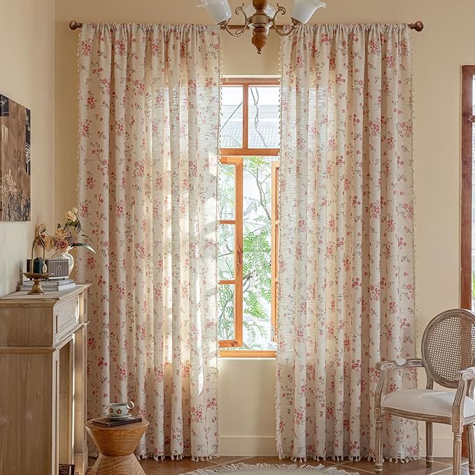 ENJOYBRIDAL Pink Floral Curtains 84 Inches Long 2 Panels Boho Tassel Drapes Farmhouse Bedroom Rod Pocket Semi Sheer Window Curtains Living Room Rustic Dining Room Aesthetic Decor Window Treatments