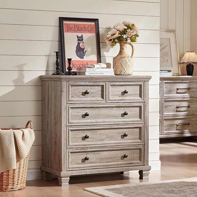 Farmhouse Bedroom Dresser and Nightstand Set of 4, 6 Drawer Low & 5 Drawers Dresser & 2 Drawer Nightstand Set, Rustic Wood Furniture Set for Bedroom, Hallway, Grey