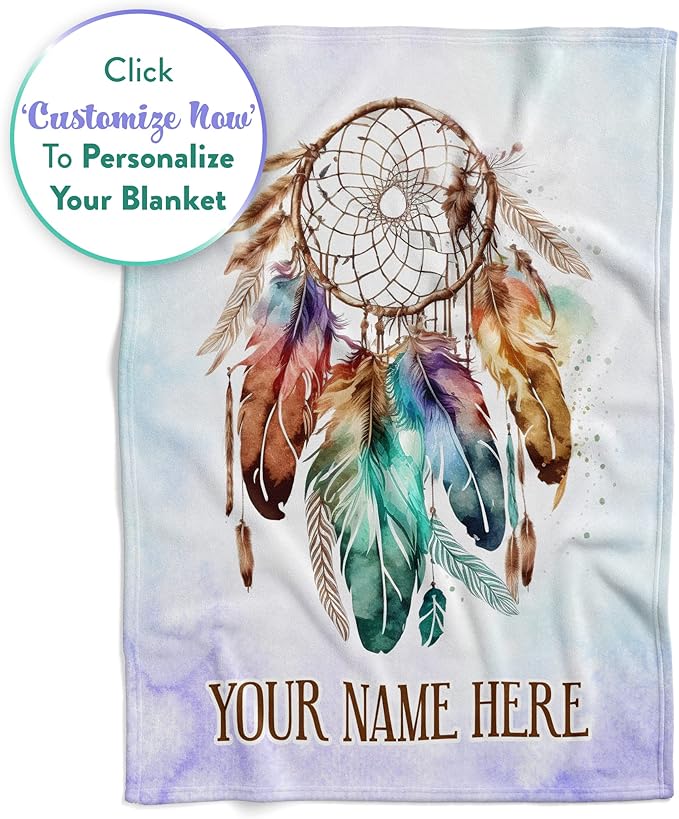 Personalized Dream Catcher Blanket with Colorful Boho Feather Graphic, Cute Custom Name Throw for Kids or Adults, Soft and Plush, Birthday Gift for Women or Men, Big Colorful (Sherpa 50x60)